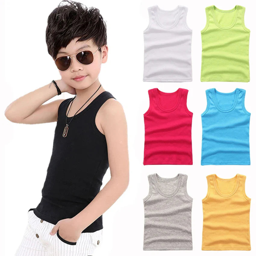 Kids white cotton tank top, breathable and soft for everyday summer wear.