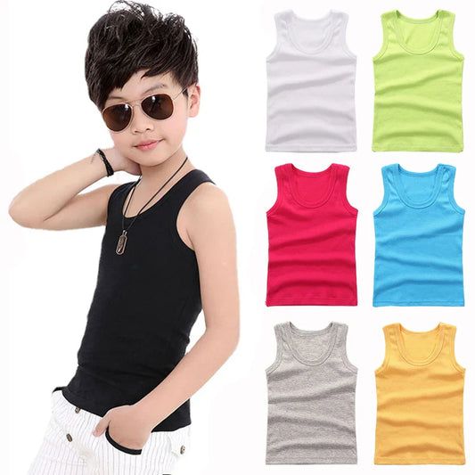 Kids white cotton tank top, breathable and soft for everyday summer wear.