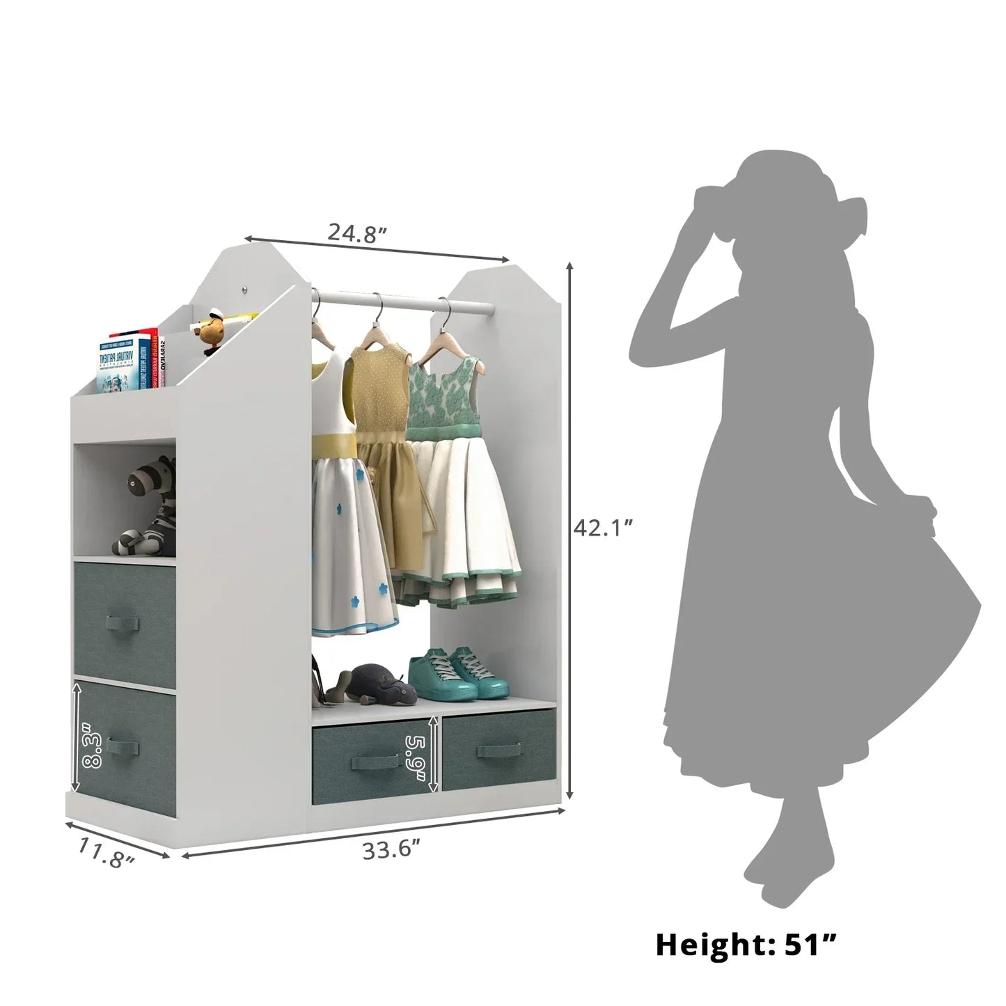 White wooden toddler dress-up closet with child mirror & storage, perfect for imaginative playroom fun.