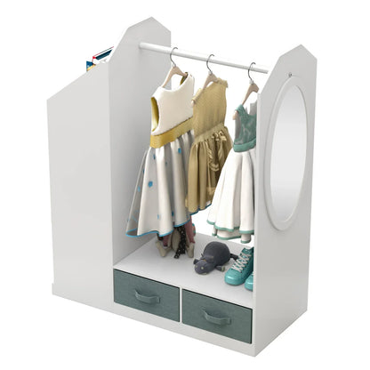 Children's white wood costume organizer with mirror, rail, and shelves for playroom or bedroom storage.