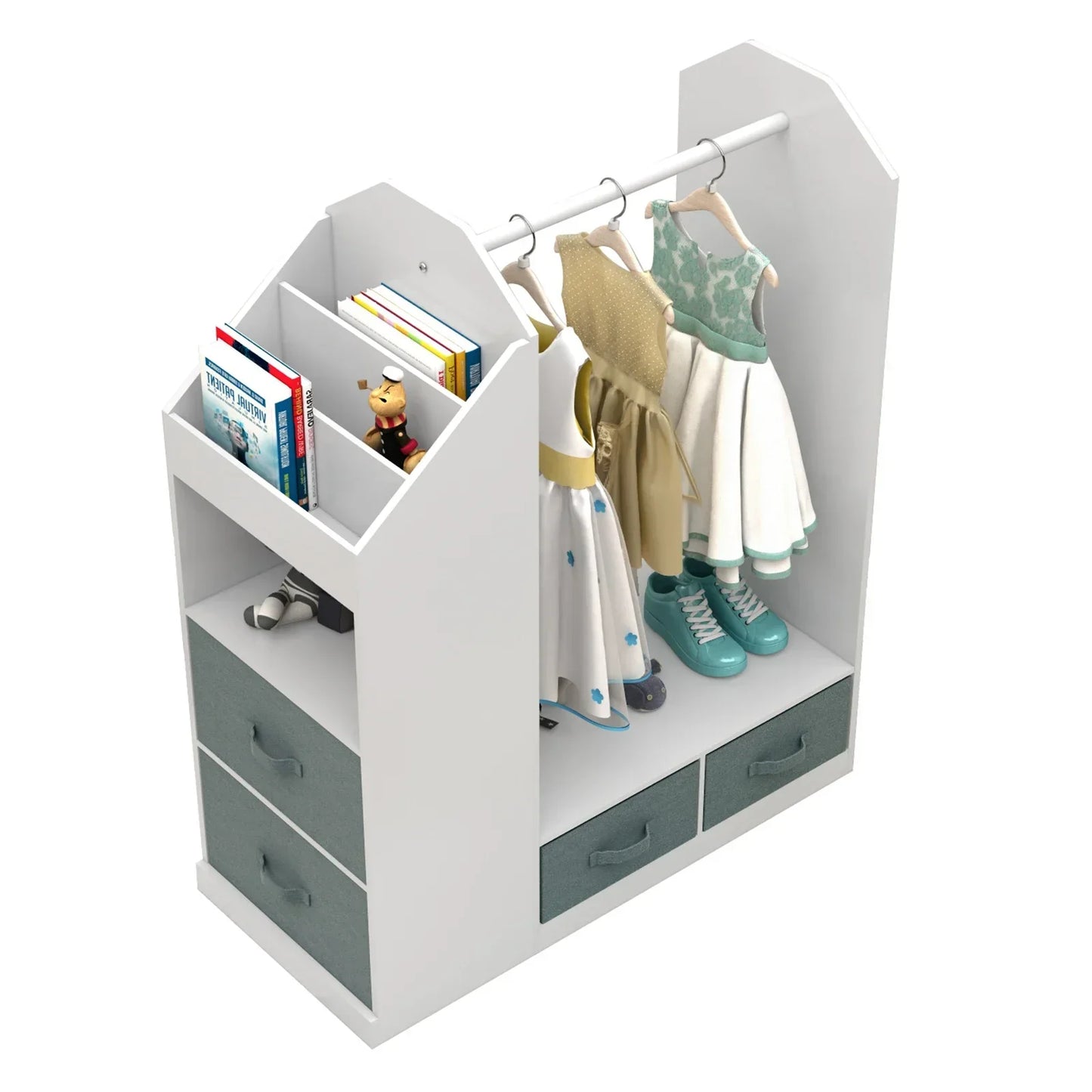 Elegant white wooden kids' armoire featuring a full-length mirror and ample space for dress-up clothes.