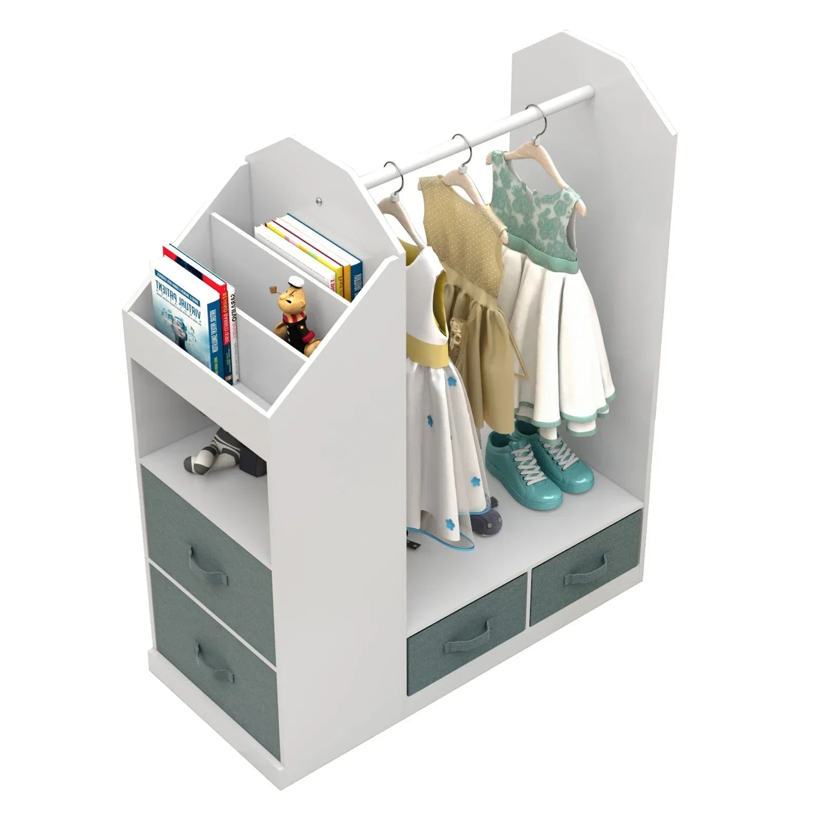 Elegant white wooden kids' armoire featuring a full-length mirror and ample space for dress-up clothes.