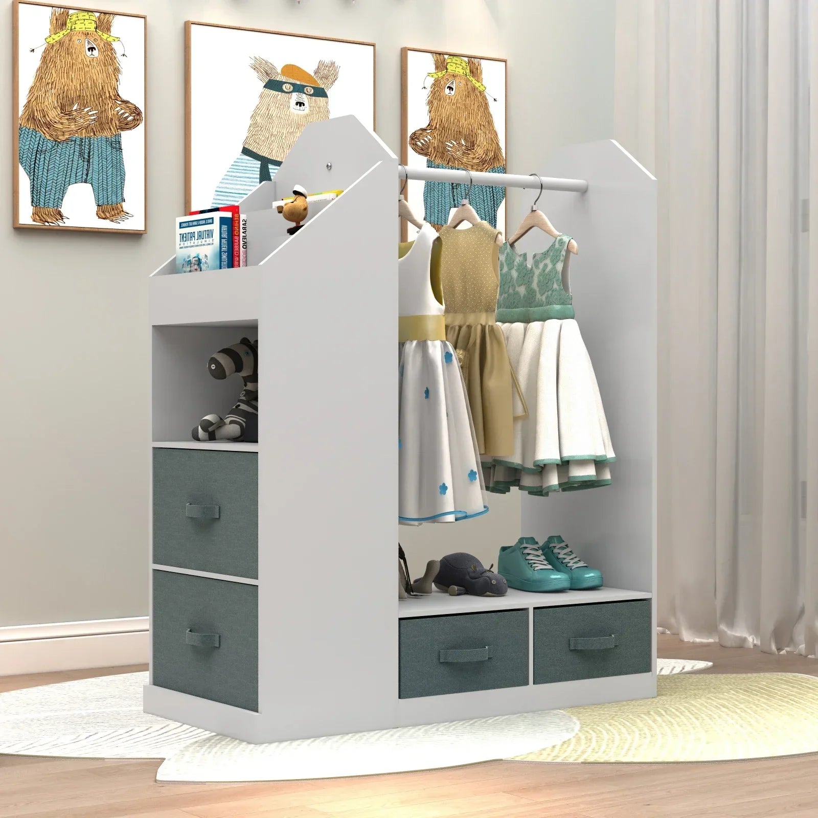 Kids' dress up station: white wooden closet with child-safe mirror, top shelf, and hanging bar for costumes.