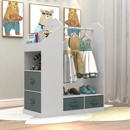 Kids' dress up station: white wooden closet with child-safe mirror, top shelf, and hanging bar for costumes.