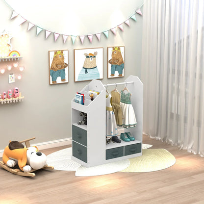 Playroom essential: white wood kids' wardrobe with mirror & storage, ideal for costumes and imaginative play.