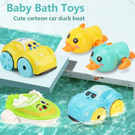 Kids' wind-up yellow duck bath toy floating in water, perfect for toddler water play