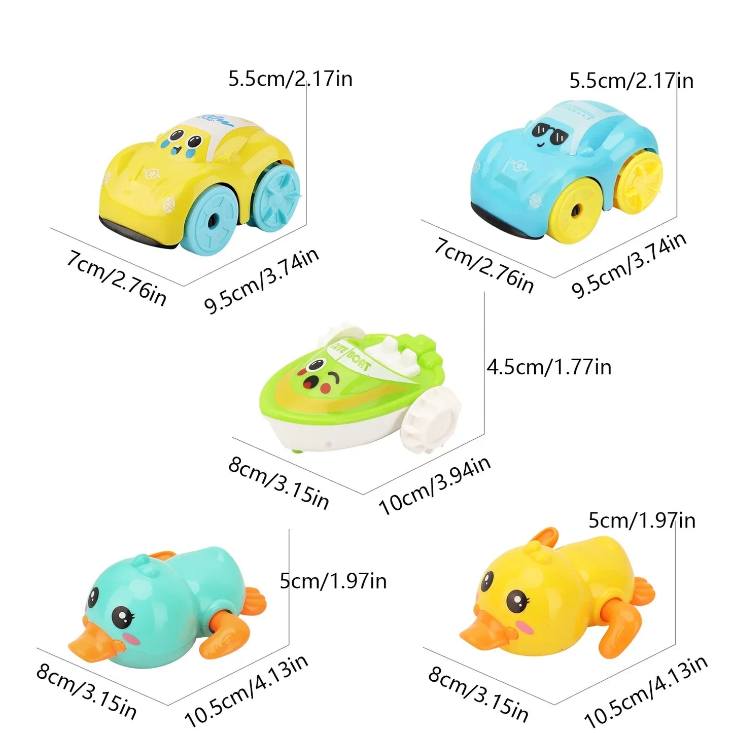 Child reaching for a floating plastic wind-up car bath toy for fun tub play