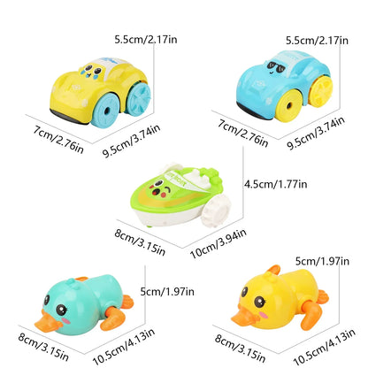 Child reaching for a floating plastic wind-up car bath toy for fun tub play