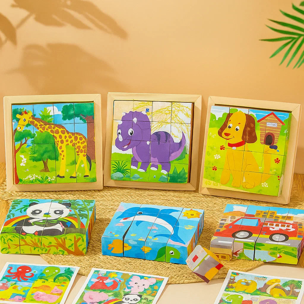 Kids wooden 3D cube puzzle, educational toy for toddlers, Montessori learning activity