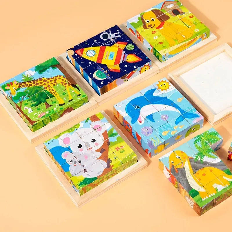 Toddler playing with wooden 3D cube puzzle, developing motor skills and creative thinking