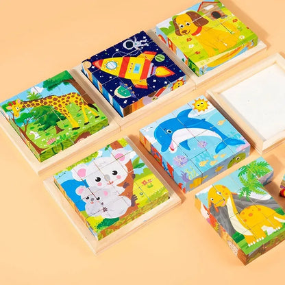 Toddler playing with wooden 3D cube puzzle, developing motor skills and creative thinking