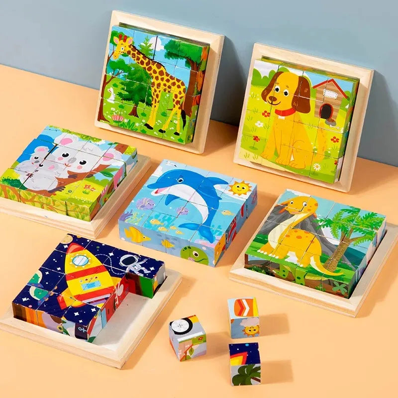 Set of wooden 3D cube puzzle blocks, an educational toy for children's games and learning