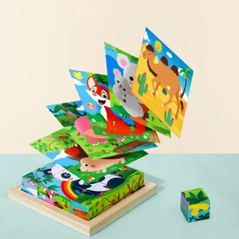 Montessori wooden cube puzzle, designed for kids learning and creative play development