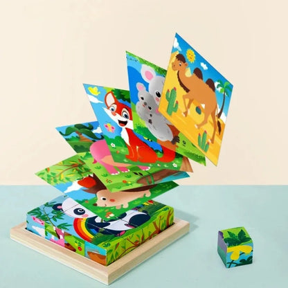 Montessori wooden cube puzzle, designed for kids learning and creative play development