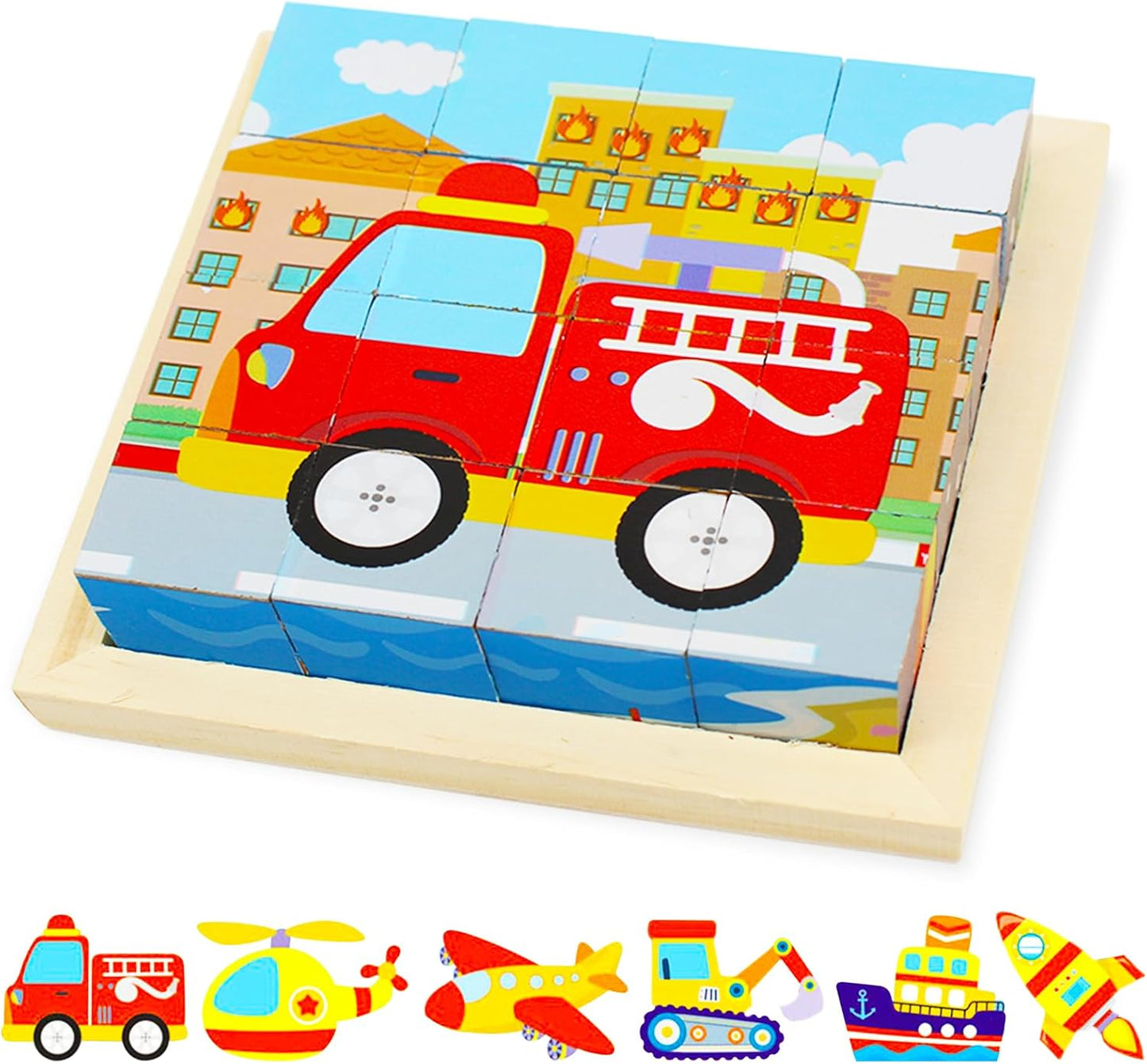Child's hand stacking wooden 3D puzzle blocks, an engaging educational toy