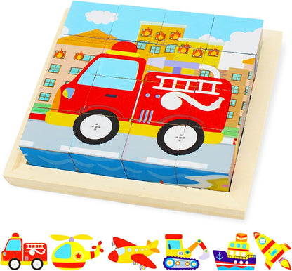 Child's hand stacking wooden 3D puzzle blocks, an engaging educational toy