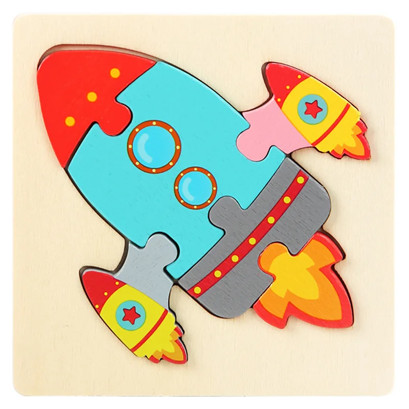 Close-up of interconnected 3D wooden animal and vehicle puzzle pieces, learning toy