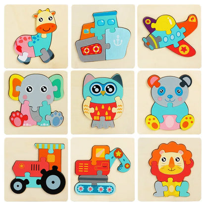 Set of colorful 3D wooden vehicle puzzles including car, truck, and train for kids