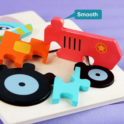 Close-up of a child's hands assembling a 3D wooden dinosaur puzzle, educational toy