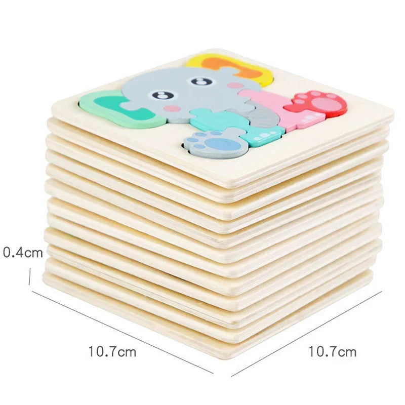 Group of assorted 3D wooden animal and vehicle puzzles on a playmat, learning toys