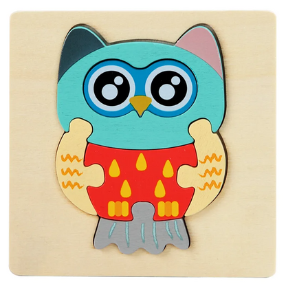 Toddler matching pieces of a 3D wooden bear puzzle, promoting cognitive development