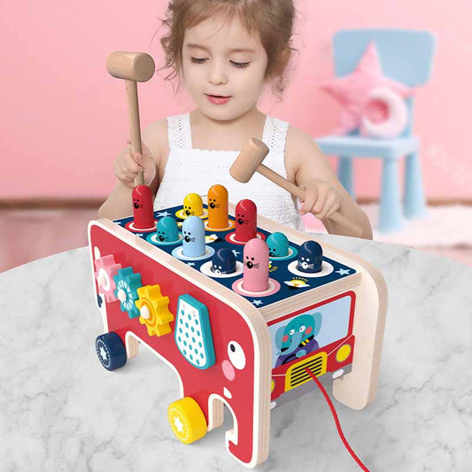 Kids wooden 5-in-1 Whack-A-Mole activity cart, an early learning toddler gift for fine motor skill development.