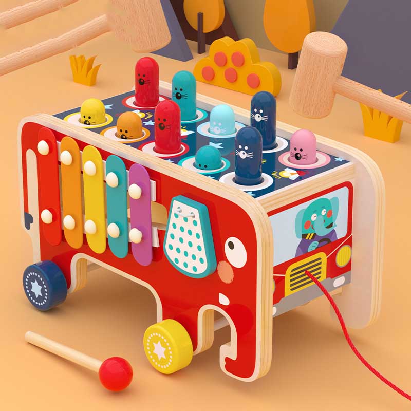 Wooden Whack-A-Mole activity toy cart with colorful hammers, promoting early learning and fine motor skills.
