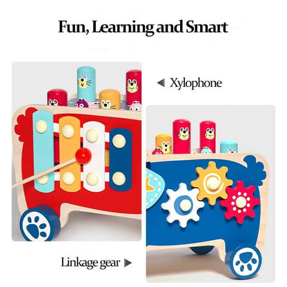 Toddler gift: Kids wooden Whack-A-Mole activity cart, a 5-in-1 educational toy for early learning play.