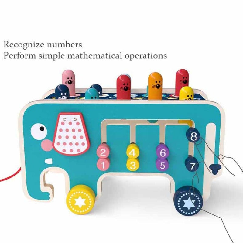 Children happily playing with the 5-in-1 wooden Whack-A-Mole activity cart, a fun toddler gift.