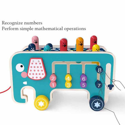 Children happily playing with the 5-in-1 wooden Whack-A-Mole activity cart, a fun toddler gift.