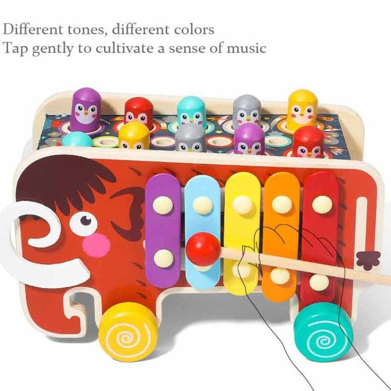 Educational wooden activity toy: 5-in-1 Whack-A-Mole cart, perfect for developing fine motor skills in kids.