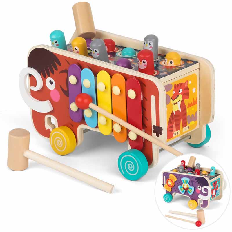 Vibrant wooden Whack-A-Mole activity cart, a multi-functional early learning toy and toddler gift.