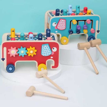 Side view of the kids wooden 5-in-1 activity cart, featuring the Whack-A-Mole game and other play.