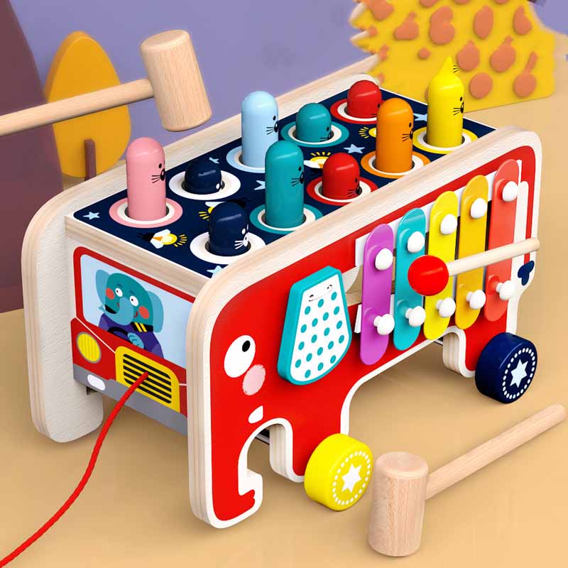 Wooden Whack-A-Mole activity cart, an engaging and educational toy designed to improve kids' fine motor skills.