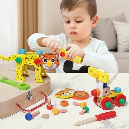 Wooden construction toy for kids, featuring animal shapes, promotes problem-solving and learning