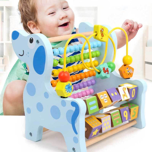 Kids wooden animal calculator toy for early learning, featuring colorful beads and animal shapes.