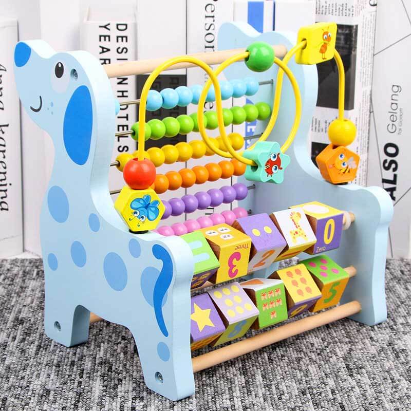 Educational wooden calculator toy for preschoolers, with vibrant animal designs and counting beads.