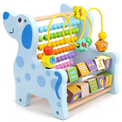 Close-up of a kids wooden early learning calculator toy, highlighting animal cutouts and abacus beads.