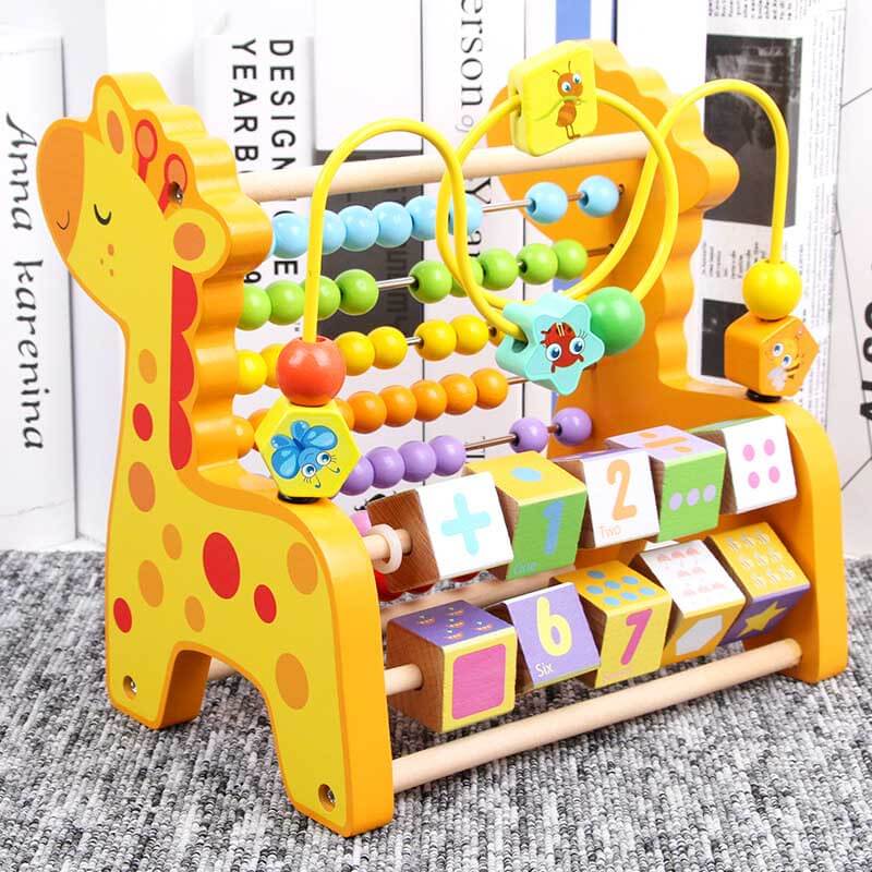Wooden animal calculator toy designed for baby and preschool learning, promoting math and color recognition.