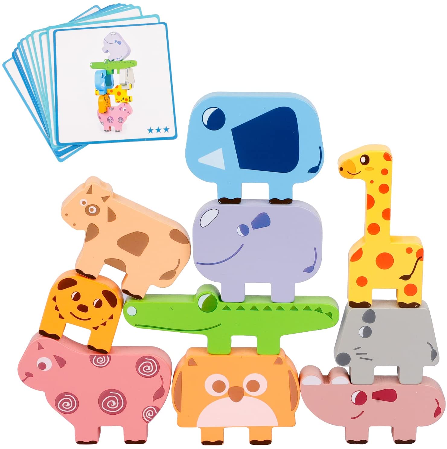 Kids' wooden animal stacking game enhancing fine motor skills with colorful pieces