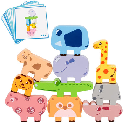 Kids' wooden animal stacking game enhancing fine motor skills with colorful pieces