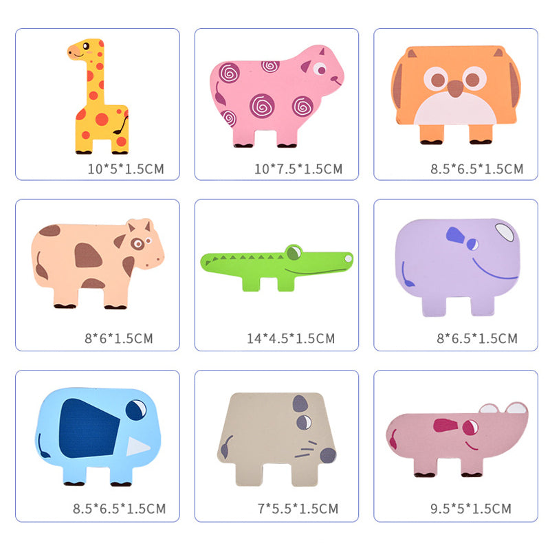 Toddler stacking wooden animal blocks, an educational preschool learning game