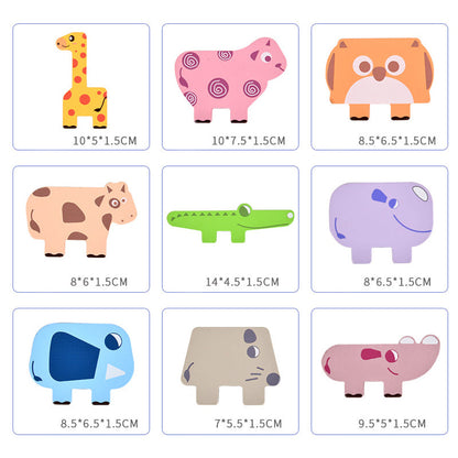 Toddler stacking wooden animal blocks, an educational preschool learning game