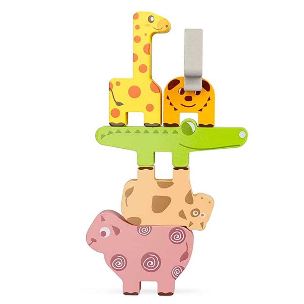Close-up of wooden animal stacking toy, perfect for developing kid's fine motor skills
