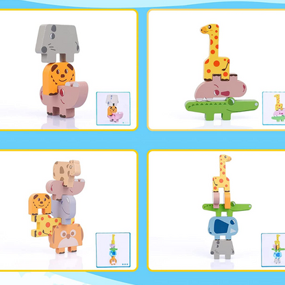 Colorful wooden animals stacked for a learning game, promoting toddler skill development