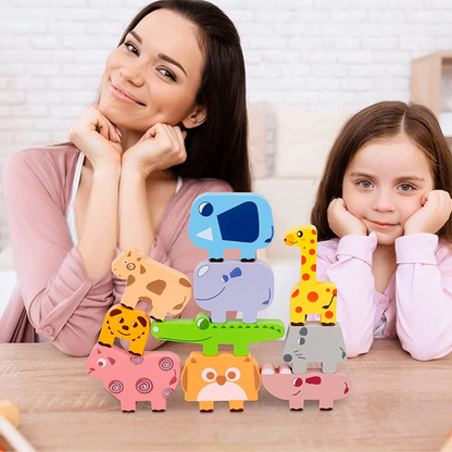 Preschooler engaging with wooden stacking animals, a fun educational fine motor skill game