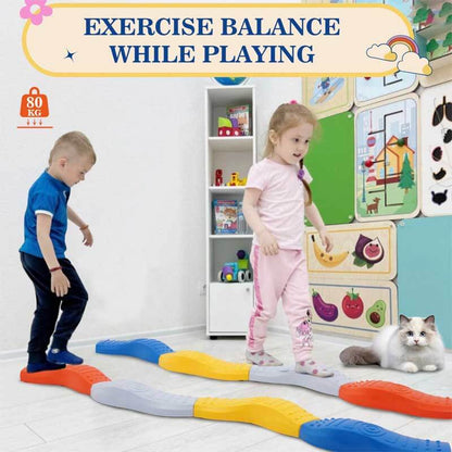 Child stepping across a colorful balance beam, enhancing gross motor skills, fun play equipment