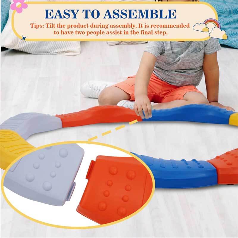 Preschool age child confidently walking on a low profile balance beam, developmental toy