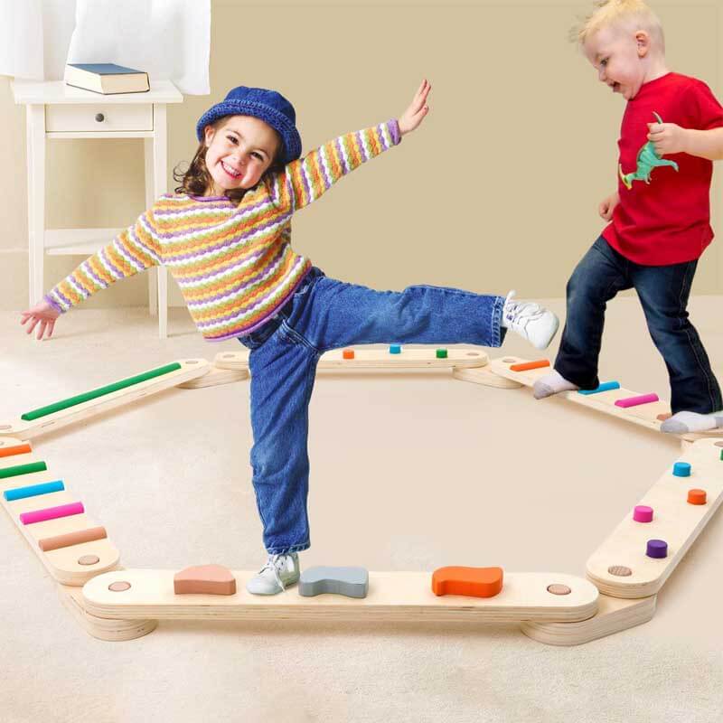 Kids wooden balance beam set, natural finish, for coordination play & motor skill development