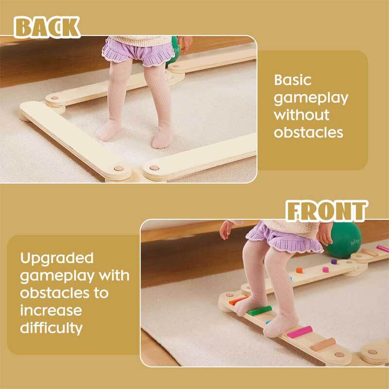 Toddler balancing on a wooden balance beam set, promoting active indoor and outdoor play